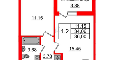 1-к. квартира, 34&nbsp;м²