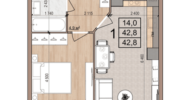 1-к. квартира, 42&nbsp;м²
