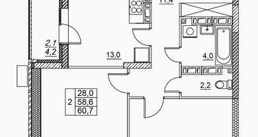 2-к. квартира, 60&nbsp;м²