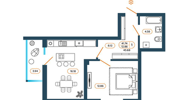 1-к. квартира, 45&nbsp;м²