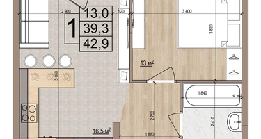1-к. квартира, 42&nbsp;м²