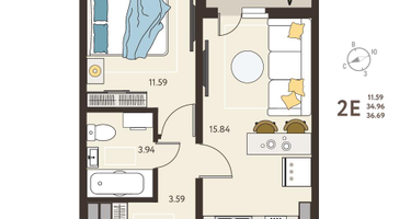 1-к. квартира, 36&nbsp;м²