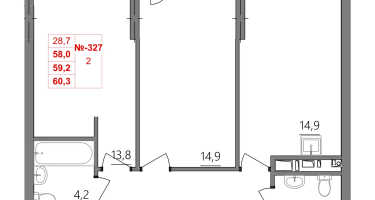 2-к. квартира, 59 м²