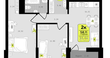 2-к. квартира, 58 м²