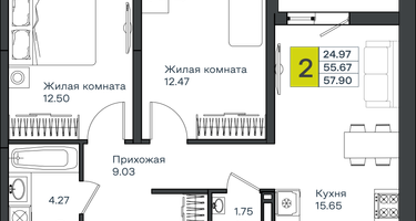 2-к. квартира, 57 м²