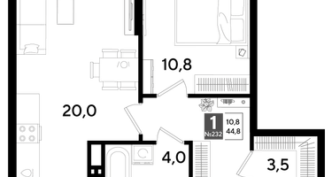 1-к. квартира, 44&nbsp;м²