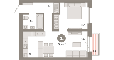 1-к. квартира, 50&nbsp;м²