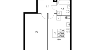 1-к. квартира, 42&nbsp;м²