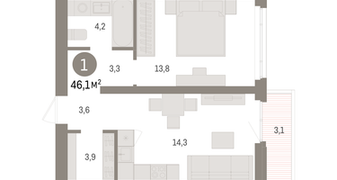 1-к. квартира, 46&nbsp;м²