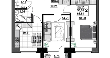 2-к. квартира, 63&nbsp;м²