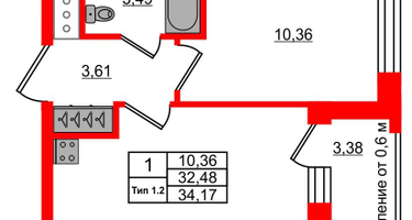 1-к. квартира, 32&nbsp;м²