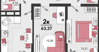 2-к. квартира, 63&nbsp;м²