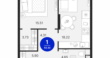 1-к. квартира, 52 м²