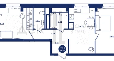 2-к. квартира, 63&nbsp;м²