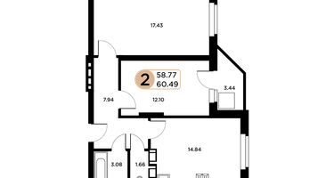 2-к. квартира, 60&nbsp;м²