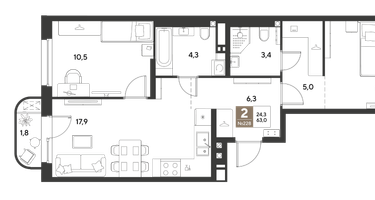 2-к. квартира, 63 м²