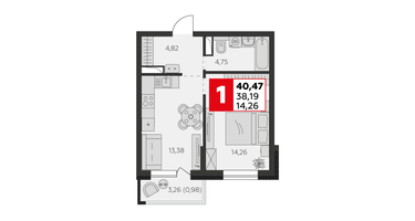 1-к. квартира, 38&nbsp;м²