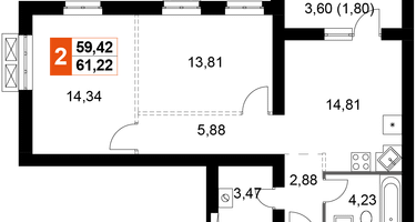 2-к. квартира, 61&nbsp;м²