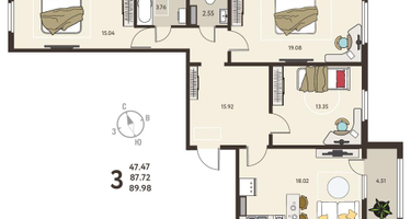3-к. квартира, 89 м²