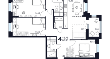 4-к. квартира, 87 м²