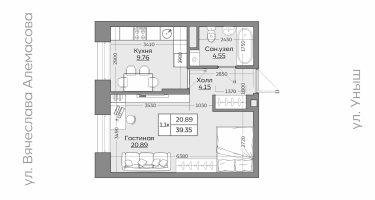 1-к. квартира, 39 м²