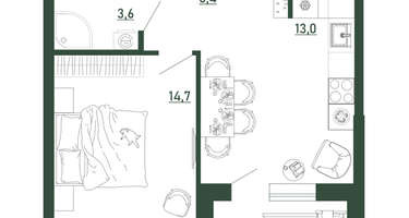 1-к. квартира, 39 м²