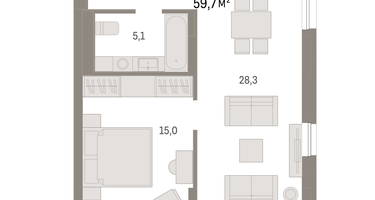 1-к. квартира, 59&nbsp;м²