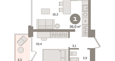 1-к. квартира, 36&nbsp;м²