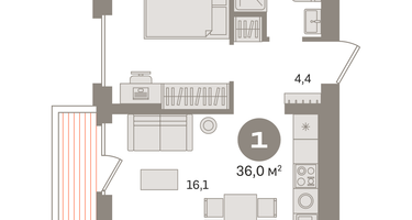 1-к. квартира, 36&nbsp;м²