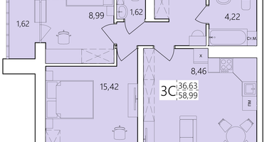 3-к. квартира, 58 м²