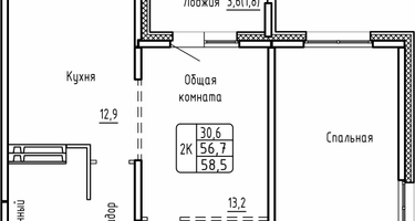 2-к. квартира, 58 м²