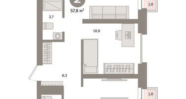 2-к. квартира, 57&nbsp;м²
