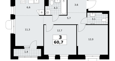 3-к. квартира, 60 м²