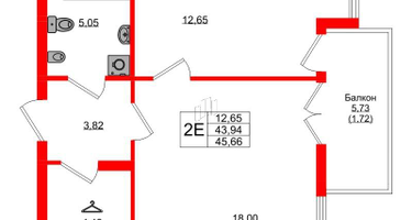 1-к. квартира, 45&nbsp;м²