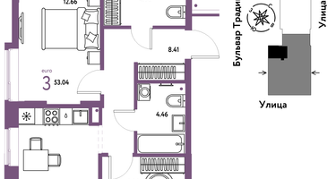 3-к. квартира, 53 м²