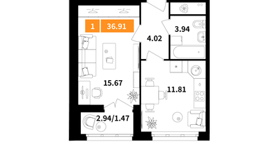 1-к. квартира, 36 м²