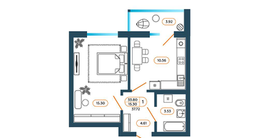 1-к. квартира, 37&nbsp;м²