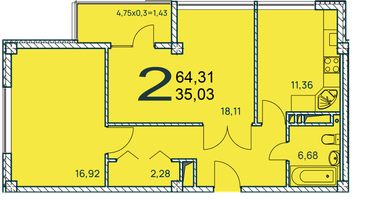 2-к. квартира, 64&nbsp;м²