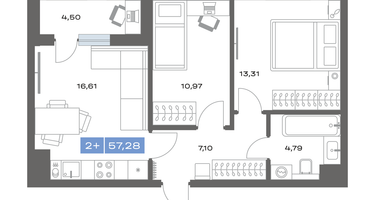 2-к. квартира, 57 м²