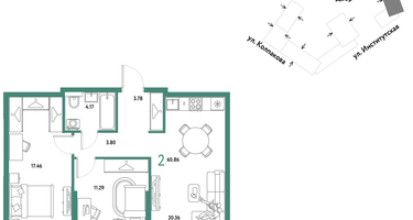 2-к. квартира, 60&nbsp;м²