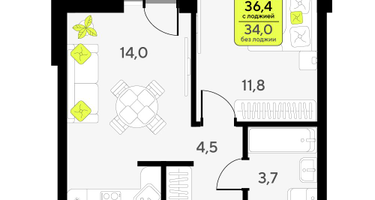 1-к. квартира, 36&nbsp;м²