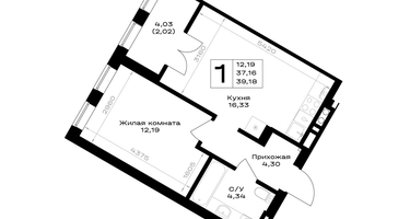 1-к. квартира, 39&nbsp;м²