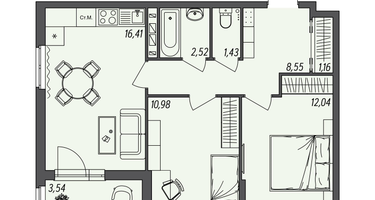 2-к. квартира, 54&nbsp;м²
