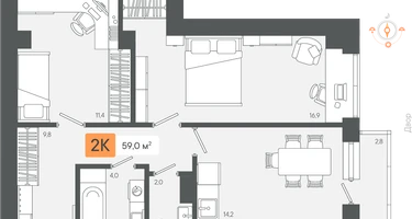 2-к. квартира, 59&nbsp;м²