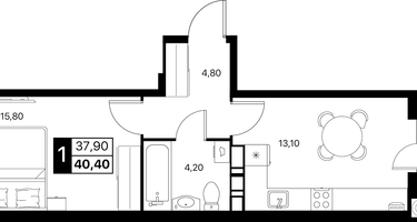 1-к. квартира, 40&nbsp;м²
