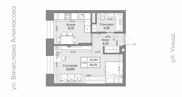1-к. квартира, 39 м²