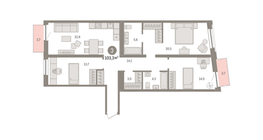 3-к. квартира, 103 м²