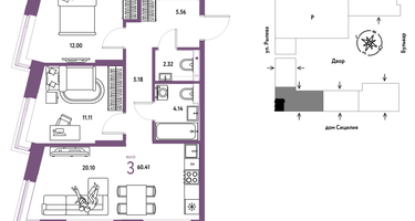 3-к. квартира, 60&nbsp;м²