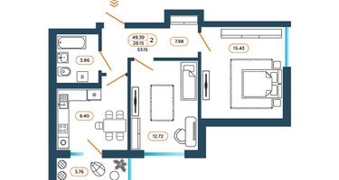 2-к. квартира, 53&nbsp;м²