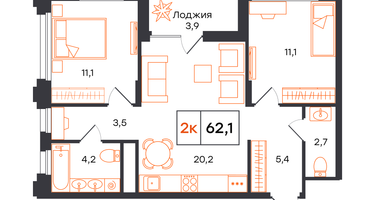 2-к. квартира, 62 м²